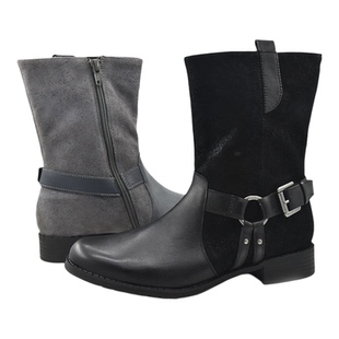 头层真皮Aerosoles爱柔仕正品 拼接短靴女皮带低方根烟筒靴瘦廋