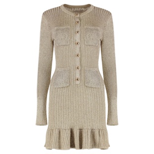 2025年秋冬新款女装金色弹力修身针织小香风连衣裙长袖圆领短裙子