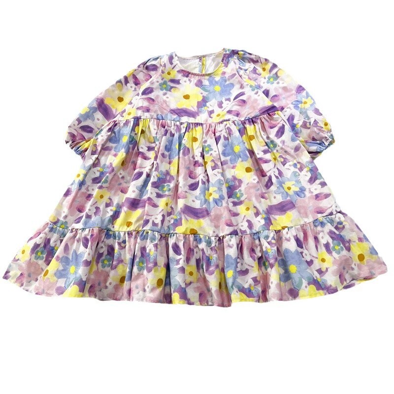 2025春季新品童装女童碎花长裙女宝宝花朵满印连衣裙女孩泡泡袖裙