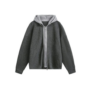 男士灰色假两件开衫毛衣男连帽宽松2025新款双拉链针织衫秋冬上衣