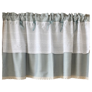 日式荷叶边蝴蝶结格子半帘棉麻门帘免打孔遮光窗帘清新小窗幔头