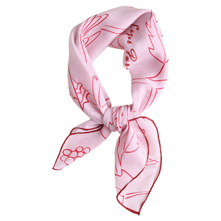 「粉色林间」线条图案春秋新款双绉桑蚕丝丝巾搭配衬衫领巾发带女