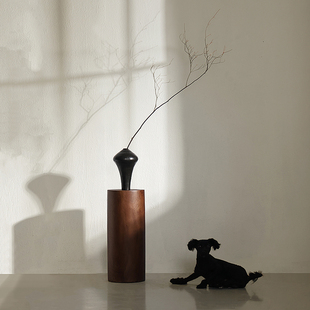 形上侘寂风实木底座圆形中古风雕塑台日式家居香樟木墩子落地摆件