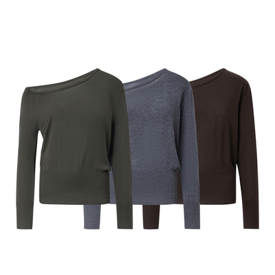 [GINGER]ARTIFICIAL WORLD斜肩窄腰宽松羊毛混纺长袖针织T恤