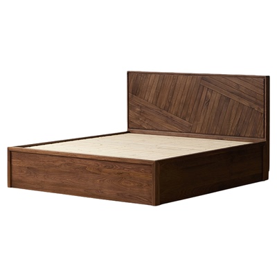 原枝北欧双人黑胡桃木高箱储物床