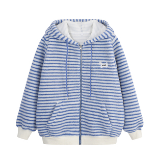YUZI鱼子蓝白条纹外套仿羊羔毛连帽厚款宽松甜酷清新春季大码女装