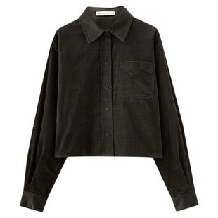 水云间军绿色短款衬衫外套女灯芯绒长袖衬衣复古纯棉上衣2025秋款