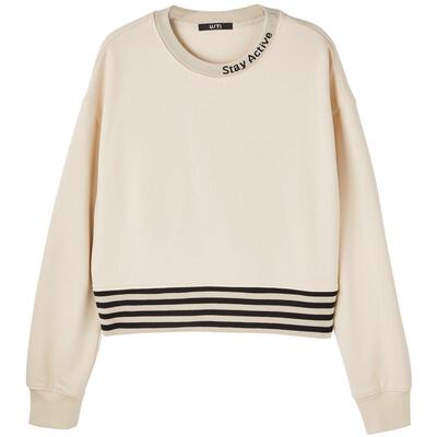 U/TI米白色纯棉条纹拼撞卫衣女百搭毛圈休闲上衣尤缇2025春季新款