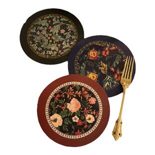 复古花卉小圆餐垫防水防油易清理皮革碗垫轻奢免洗隔热防烫桌布