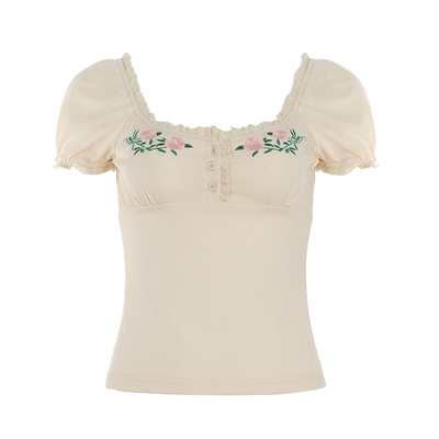 WEEKEEP 少女风方领蕾丝拼接植物花朵刺绣泡泡袖T恤修身针织上衣
