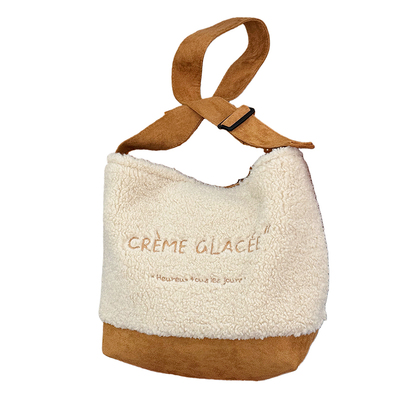 秋冬复古拼接麂皮大容量毛绒斜挎包包女日系羊羔毛少女单肩托特包