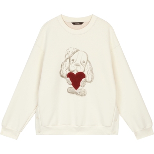 妖精的口袋小狗印花圆领加绒卫衣女2025年冬季新款慵懒风宽松上衣