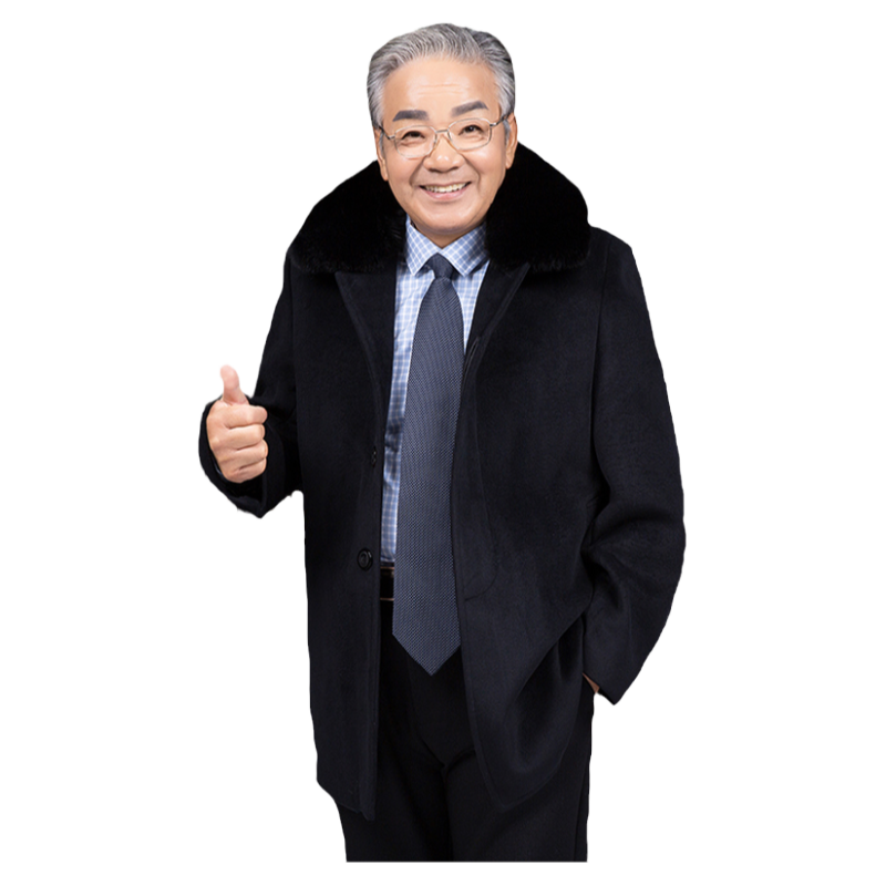 中老年冬季加绒加厚毛呢大衣保暖爸爸男装短款毛领爷爷装呢子外套
