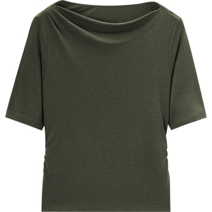 爱居兔含莱赛尔羊毛针织衫女2025年秋季新款一字领修身中袖上衣