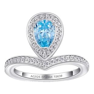 冠冕叠戴款V形75分水滴浅海蓝宝石约瑟芬天空蓝钻石戒指女925纯银