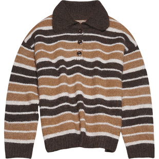 STILLYOU复古慵懒翻领半开扣套头黄咖条纹撞色毛衣女宽松圆领毛衫
