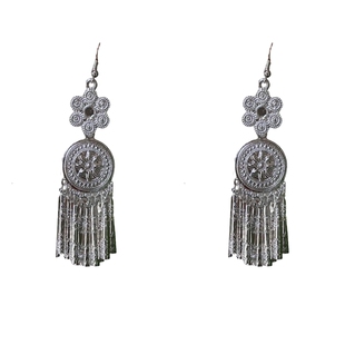 山有扶苏 圆形仿苗银耳环镀银雕花朵长流苏新中式民族风耳饰耳夹