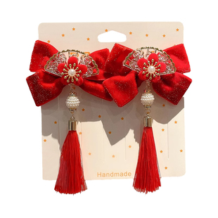 2026新年发饰红色儿童发夹女女童头饰过年头花流苏发卡中国风夹子