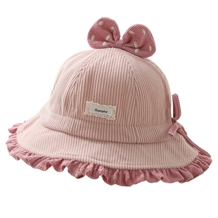 春秋宝宝帽子灯芯绒女孩渔夫帽蝴蝶结儿童盆帽可调节遮阳帽防风帽