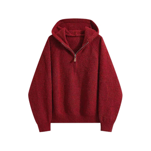 古着感红色半拉链连帽毛衣女秋冬新款宽松慵懒高级感百搭针织外套