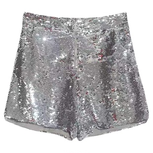 Zip Waist Sequin High Waist Shorts  女士拉链收腰亮片高腰短裤