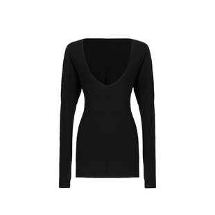 ABMY 黑色深v领长袖T恤女波点低胸性感辣妹修身上衣吊带短裤套装