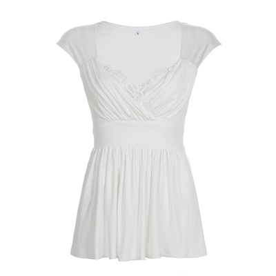 WEEKEEP 纯欲少女V领蕾丝拼接绑带收腰短袖T恤百搭显瘦A摆上衣