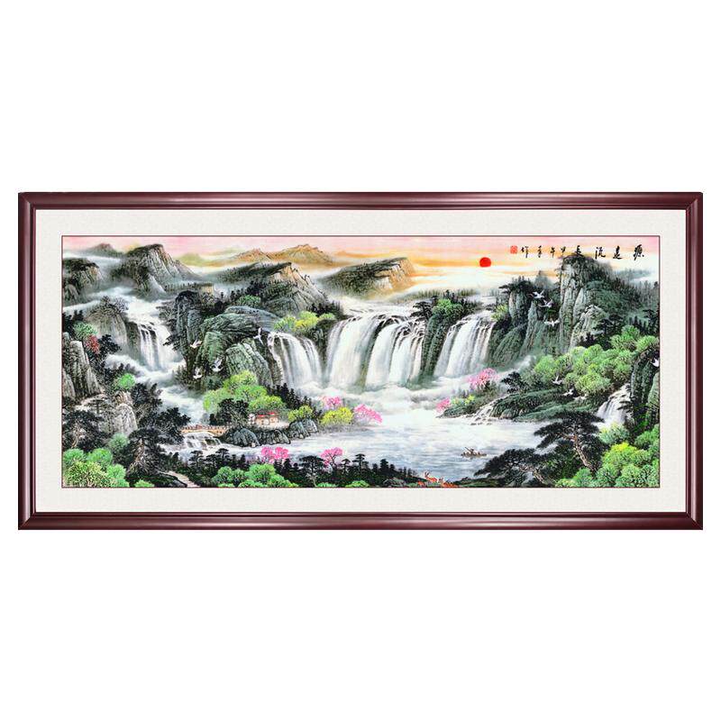 流水生财国画山水画客厅自粘画办公室字画风水靠山聚宝盆旭日东升