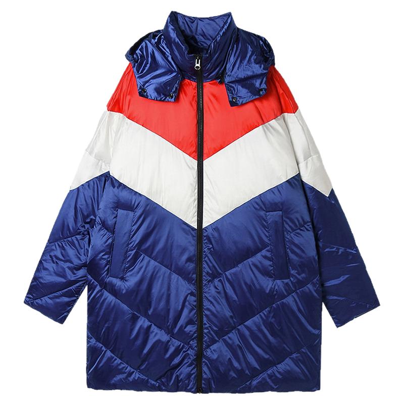 撞色光泽感连帽长款棉服