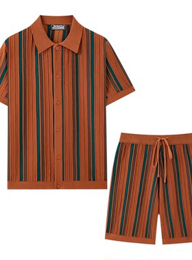 2026夏美式休闲套装男条纹拼色短袖Polo开衫短裤两件套Men's suit
