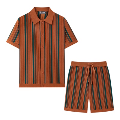 2026夏美式休闲套装男条纹拼色短袖Polo开衫短裤两件套Men's suit