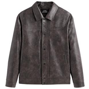 太平鸟男装 擦色PU皮夹克2025春季时尚翻领休闲外套刺绣茄克