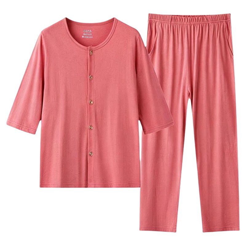 针棒纯棉中老年女性七分袖开扣睡睡衣/家居服套装