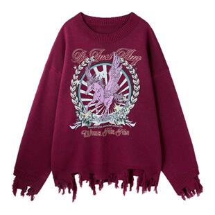 BJHG不计后果印花情侣毛衣女秋冬季新款重磅复古圆领内搭针织衫男