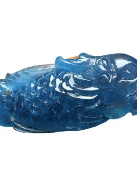 巴西海蓝宝冰种原石雕刻龙鱼吊坠深蓝色龙头鱼身水晶项链饰品礼物