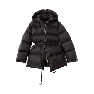 特秋冬新款连帽抽绳收腰90白鸭绒加厚暗格纹中长款加厚羽绒服外套