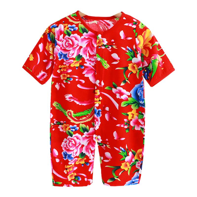 大花婴儿连体衣棉绸夏季a类新生儿爬爬服女内衣宝宝哈衣外出薄款