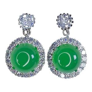 冰种玉髓耳钉女款翡翠色玉石耳环镶嵌银色宝石冰透白绿玛瑙耳坠子