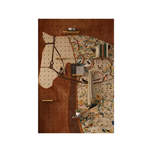 中古风实木洞洞板玄关收纳置物架家用陈列架马儿图案儿童房展示架