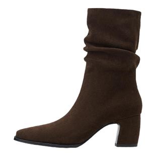 卡迪娜新款靴子女款2025加绒粗跟堆堆靴瘦瘦靴时装短靴KWA240105