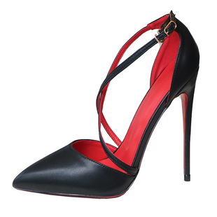 哑光红底红内交叉带超高跟鞋床细跟超浅口尖头雾面法式大小码13cm