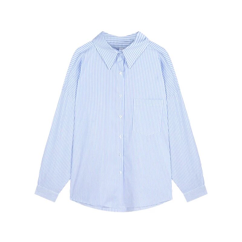 TANGpolo领蓝色条纹防晒衬衫女夏宽松中长款休闲百搭长袖外套上衣