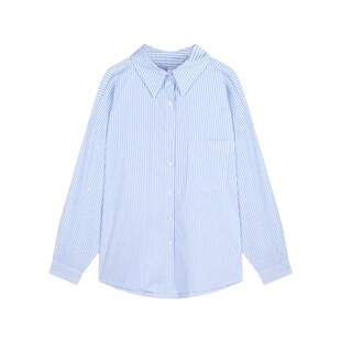 TANGpolo领蓝色条纹防晒衬衫女夏宽松中长款休闲百搭长袖外套上衣