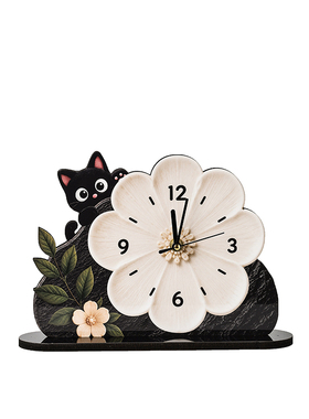 复古黑猫花卉家居时钟装饰品摆件