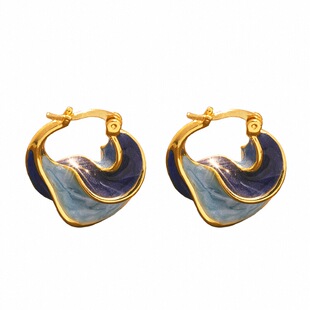 铜合金珐琅耳饰镀18K金「蓝色旋涡」滴釉耳环气质复古法式设计感