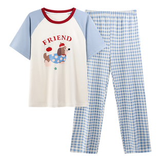 夏季自带胸垫一体短袖睡衣套装大码女士长裤家居服学生韩版可外穿