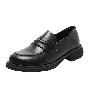 牛皮版sanjuan三卷乐福鞋真皮厚底小皮鞋秋冬加绒单鞋英伦风黑色