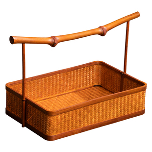 手工竹编提篮 中式古风大漆提盒 茶具收纳筐 家用水果糕点零食篮