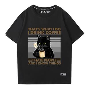 搞笑蔑视喝咖啡腹黑猫咪趣味卡通高质量短袖t恤纯棉宽松tshirt