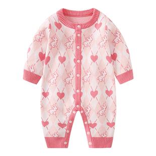 拉果拉婴儿粉色爱心兔子毛衣连体衣拉果拉秋冬A类针织棉毛线哈衣